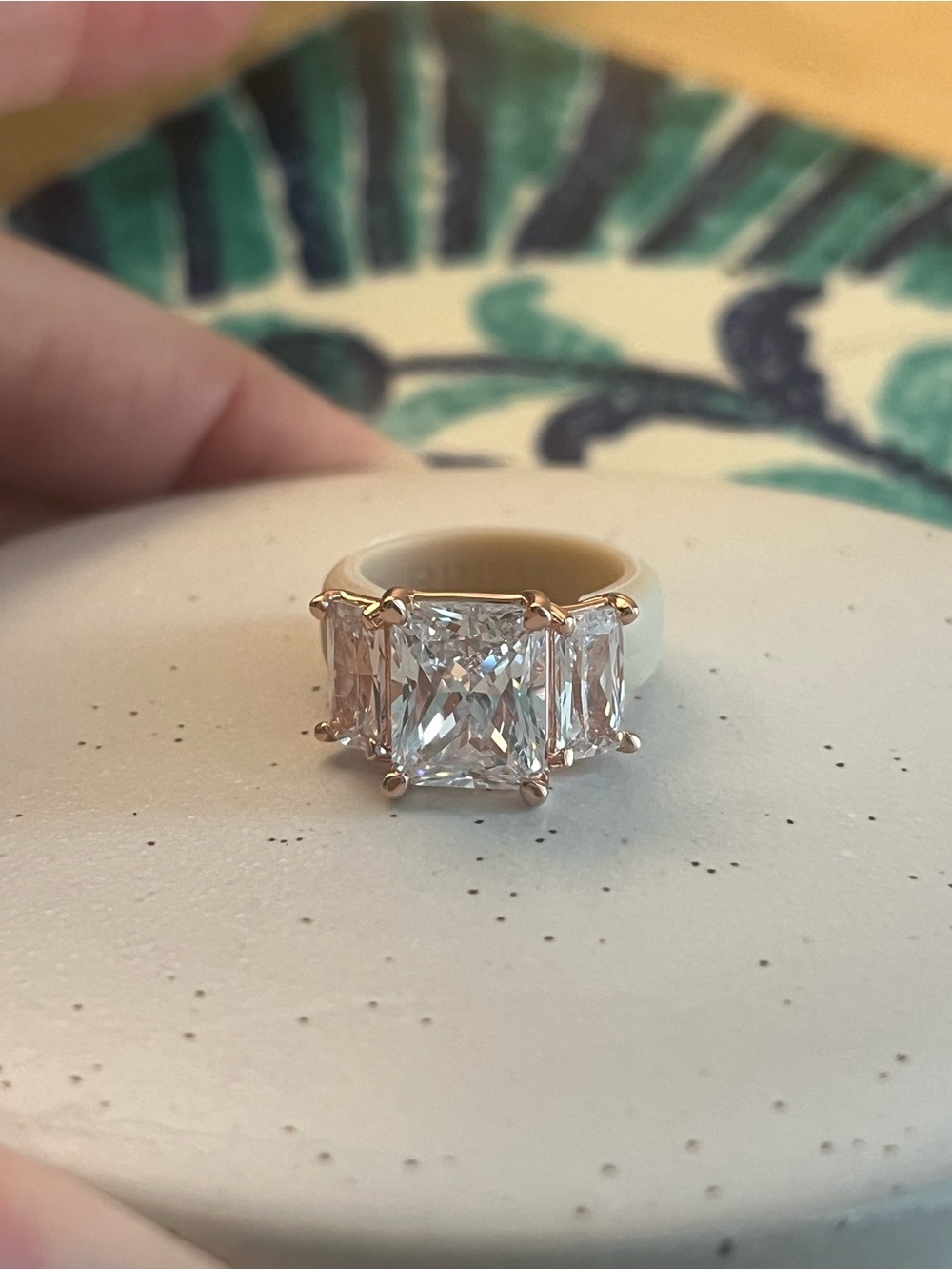 Three-Stone Emerald Cut CZ Crystal Silicone band Ring in Gold / tan size 4 - Picture 2 of 13